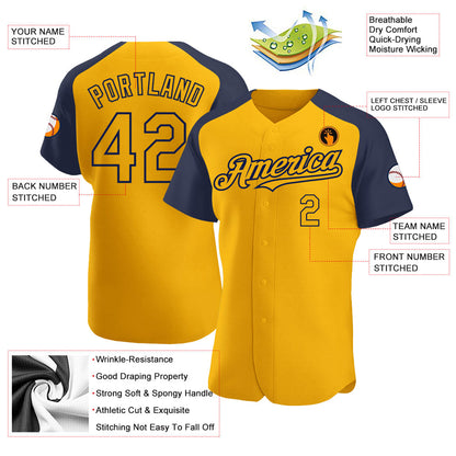 Custom Gold Navy Authentic Raglan Sleeves Baseball Jersey - Sky-Custom