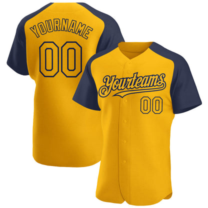 Custom Gold Navy Authentic Raglan Sleeves Baseball Jersey - Sky-Custom