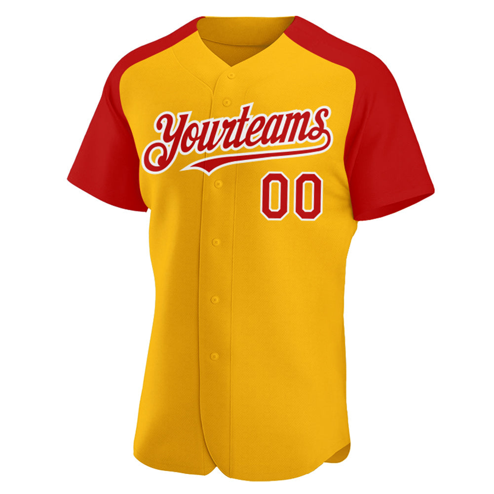 Custom Gold Red-White Authentic Raglan Sleeves Baseball Jersey - Sky-Custom