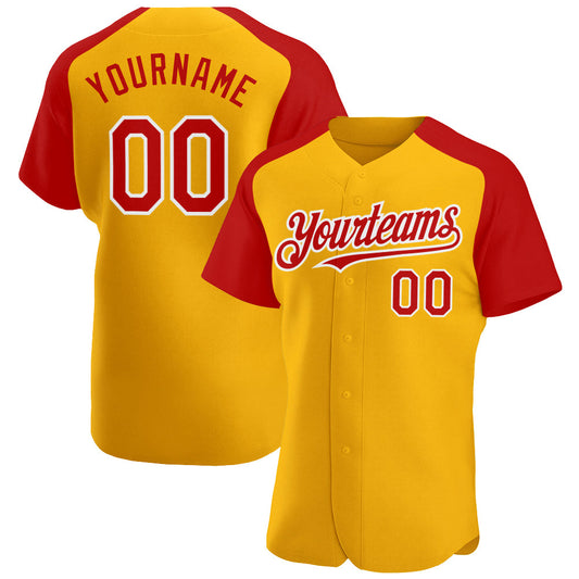 Custom Gold Red-White Authentic Raglan Sleeves Baseball Jersey - Sky-Custom