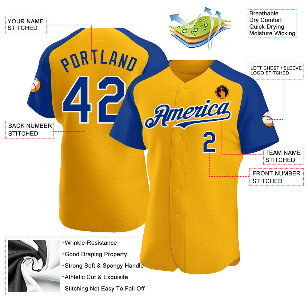 Custom Gold Royal-White Authentic Raglan Sleeves Baseball Jersey - Sky-Custom