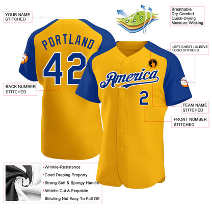 Custom Gold Royal-White Authentic Raglan Sleeves Baseball Jersey - Sky-Custom