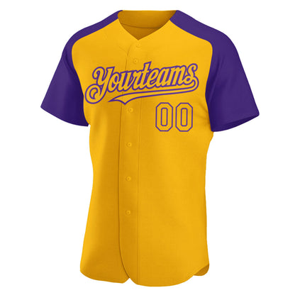Custom Gold Purple Authentic Raglan Sleeves Baseball Jersey - Sky-Custom