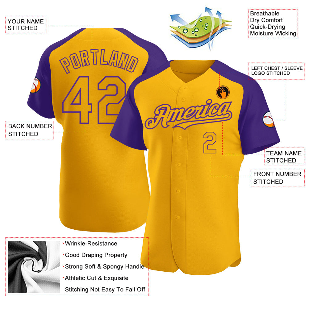 Custom Gold Purple Authentic Raglan Sleeves Baseball Jersey - Sky-Custom