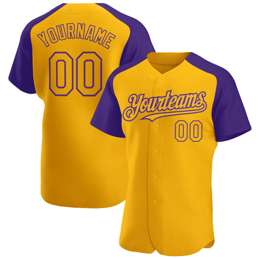 Custom Gold Purple Authentic Raglan Sleeves Baseball Jersey - Sky-Custom