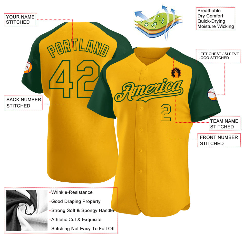 Custom Gold Green Authentic Raglan Sleeves Baseball Jersey - Sky-Custom