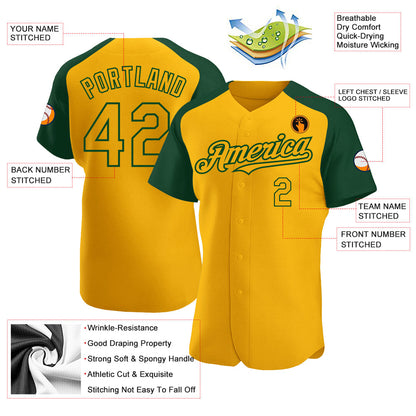 Custom Gold Green Authentic Raglan Sleeves Baseball Jersey - Sky-Custom