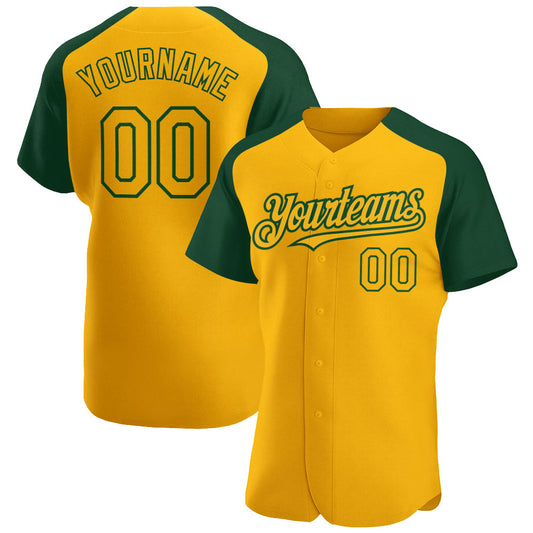 Custom Gold Green Authentic Raglan Sleeves Baseball Jersey - Sky-Custom