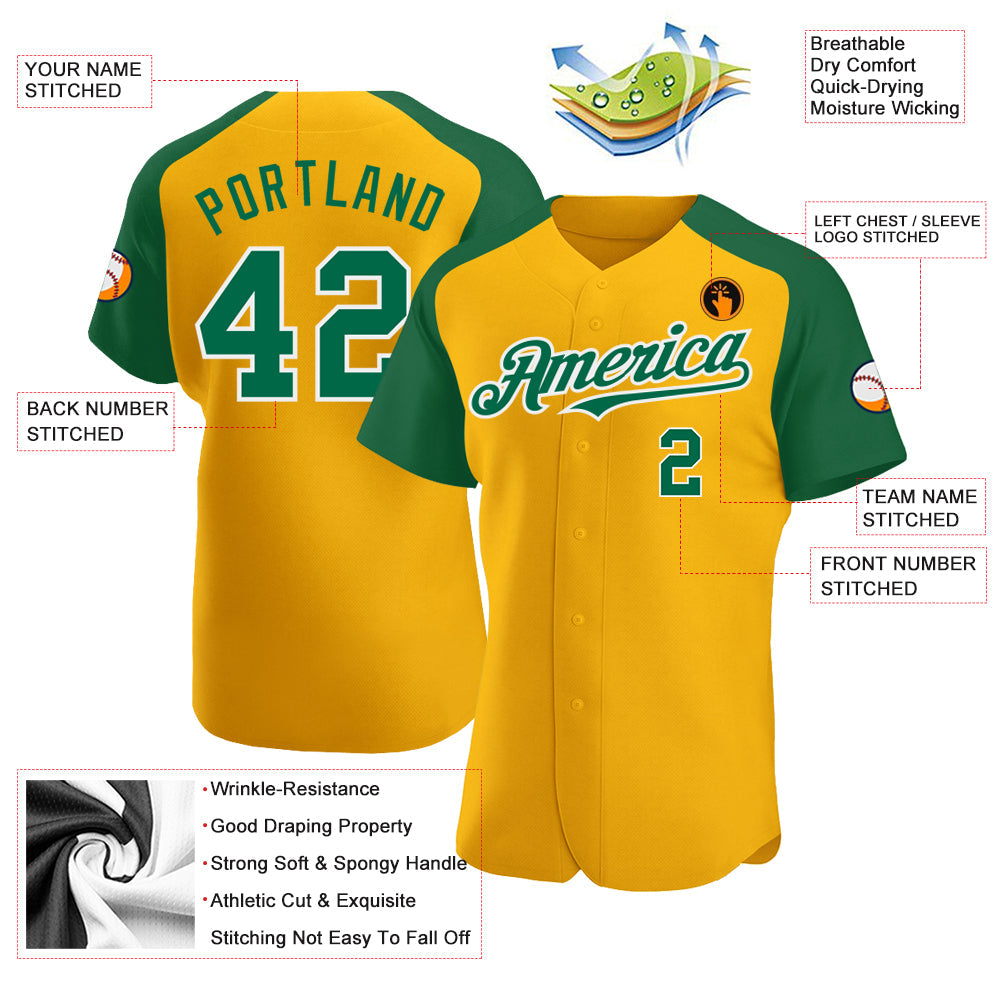 Custom Gold Kelly Green-White Authentic Raglan Sleeves Baseball Jersey - Sky-Custom