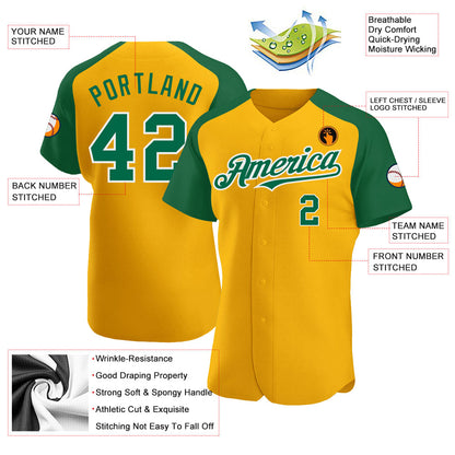 Custom Gold Kelly Green-White Authentic Raglan Sleeves Baseball Jersey - Sky-Custom