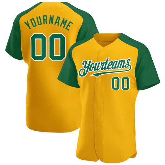 Custom Gold Kelly Green-White Authentic Raglan Sleeves Baseball Jersey - Sky-Custom