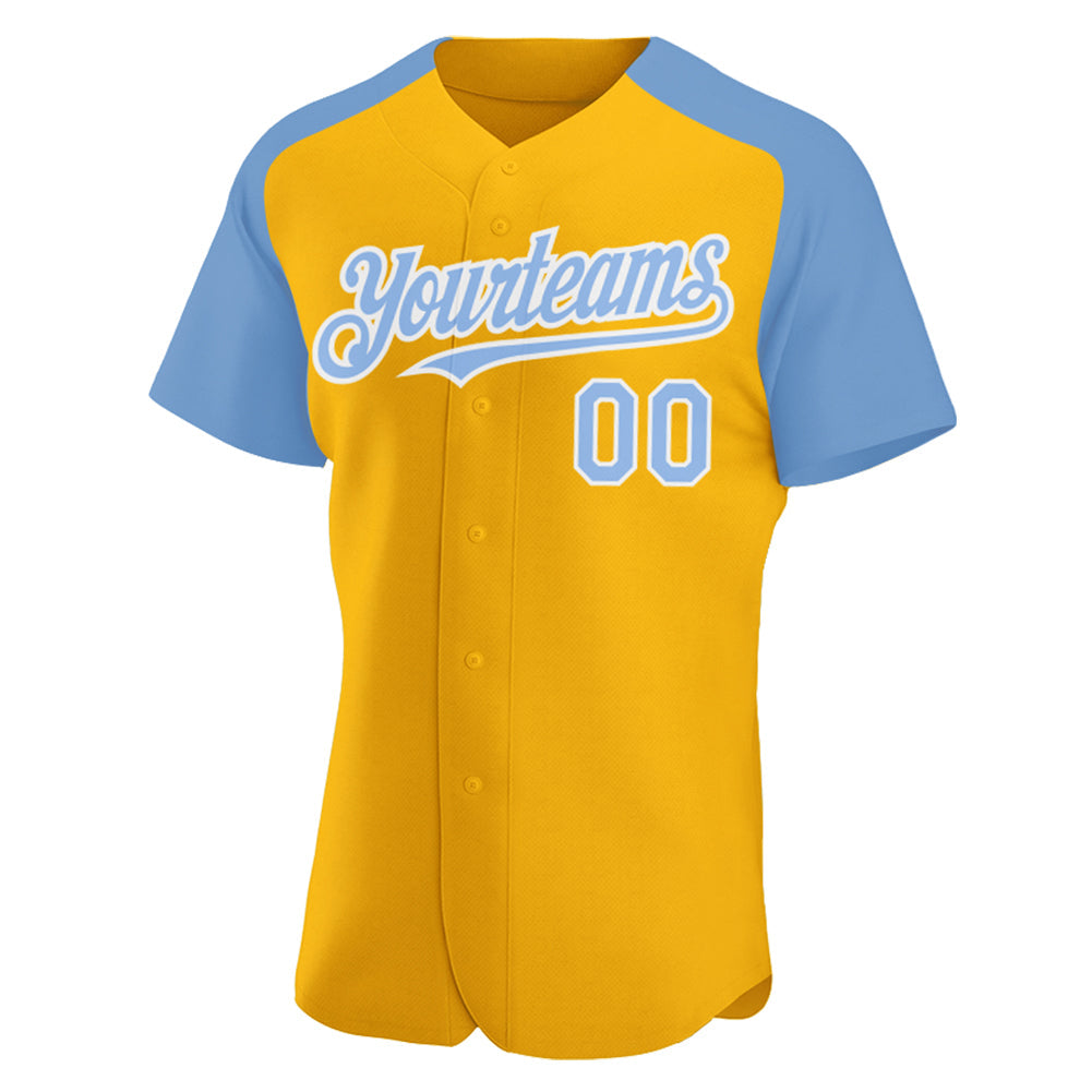 Custom Gold Light Blue-White Authentic Raglan Sleeves Baseball Jersey - Sky-Custom