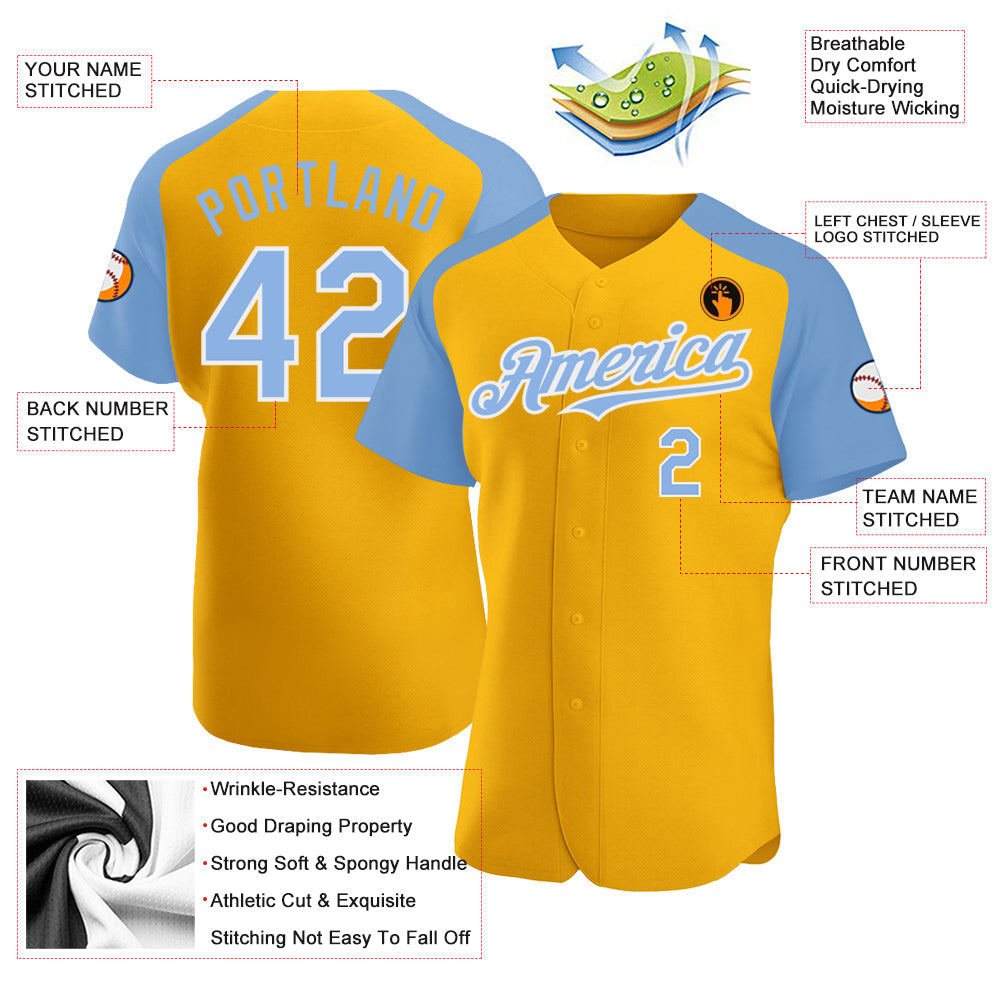 Custom Gold Light Blue-White Authentic Raglan Sleeves Baseball Jersey - Sky-Custom