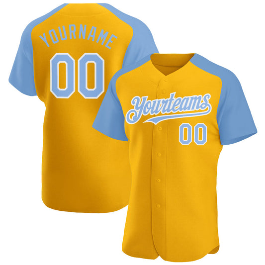 Custom Gold Light Blue-White Authentic Raglan Sleeves Baseball Jersey - Sky-Custom