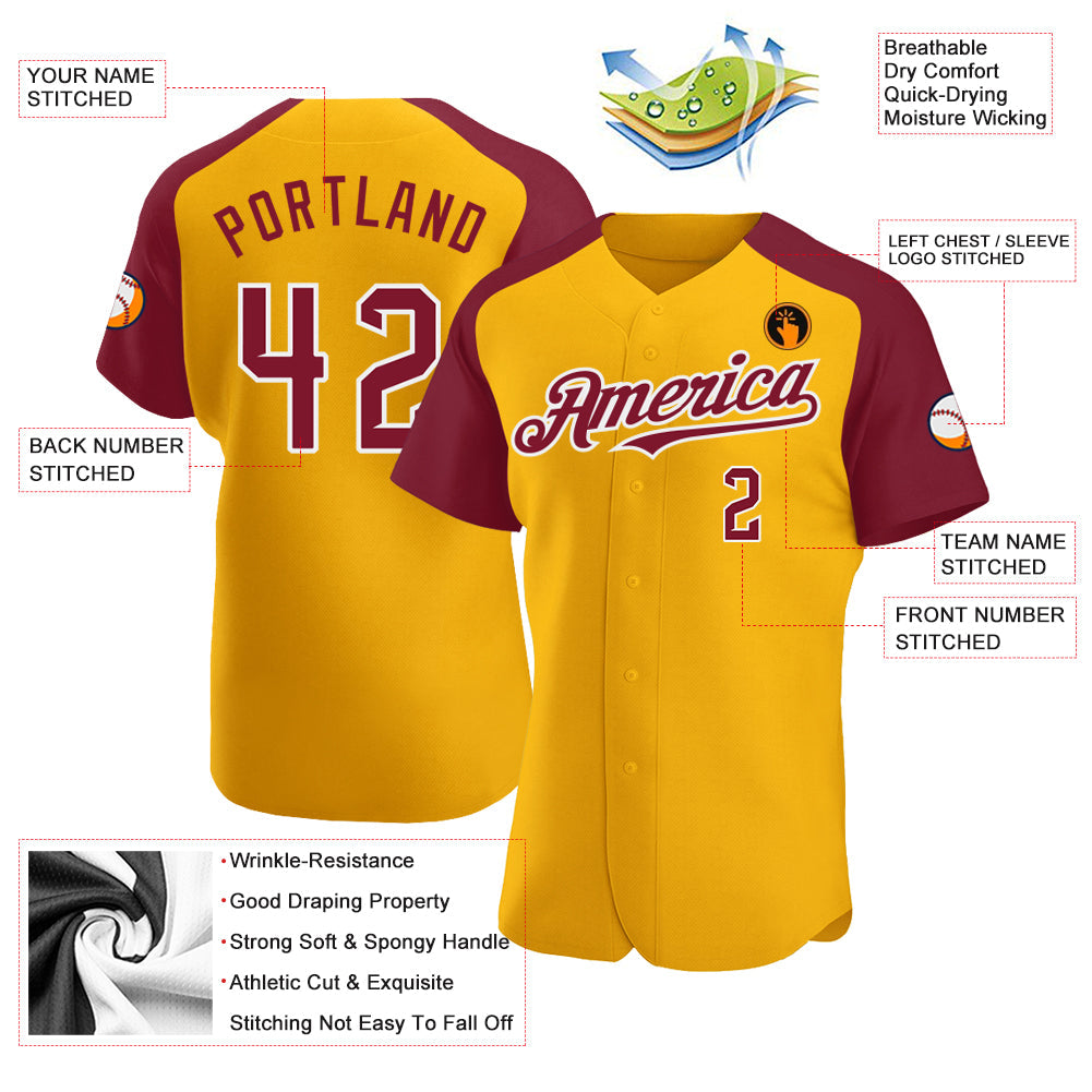 Custom Gold Crimson-White Authentic Raglan Sleeves Baseball Jersey - Sky-Custom