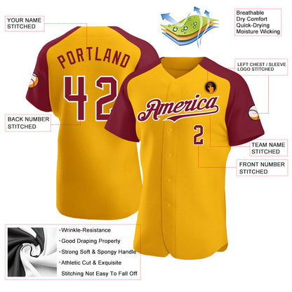 Custom Gold Crimson-White Authentic Raglan Sleeves Baseball Jersey - Sky-Custom