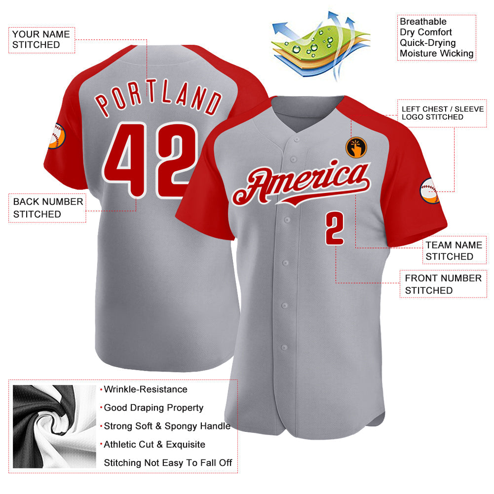 Custom Gray Red-White Authentic Raglan Sleeves Baseball Jersey - Sky-Custom