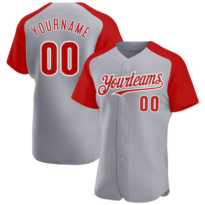 Custom Gray Red-White Authentic Raglan Sleeves Baseball Jersey - Sky-Custom