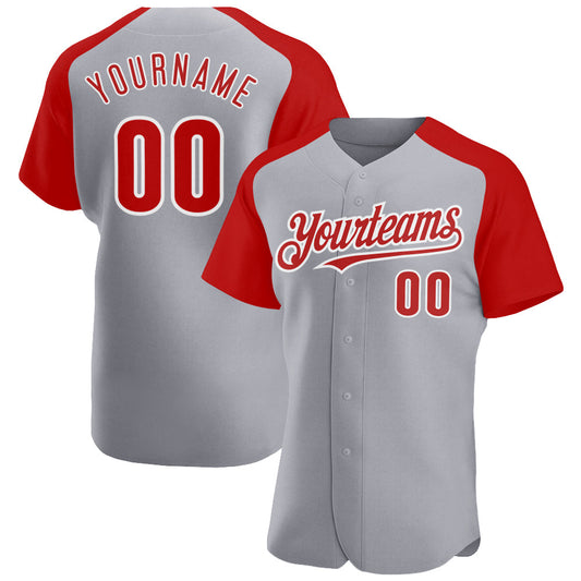 Custom Gray Red-White Authentic Raglan Sleeves Baseball Jersey - Sky-Custom