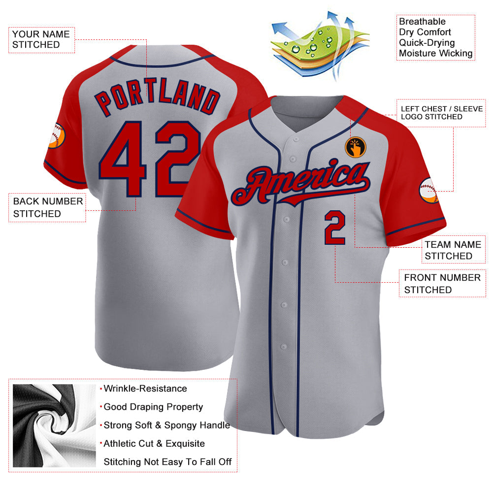 Custom Gray Red-Navy Authentic Raglan Sleeves Baseball Jersey - Sky-Custom