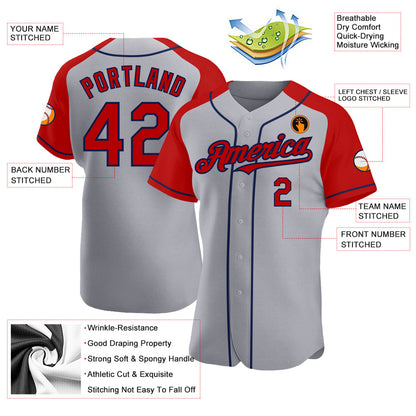 Custom Gray Red-Navy Authentic Raglan Sleeves Baseball Jersey - Sky-Custom
