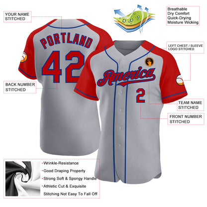 Custom Gray Red-Royal Authentic Raglan Sleeves Baseball Jersey - Sky-Custom