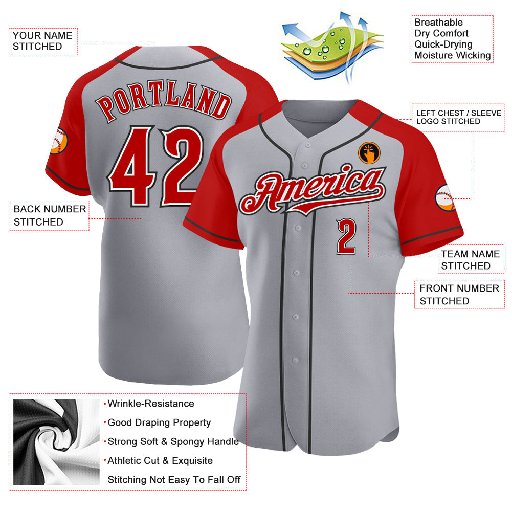 Custom Gray Red-Black Authentic Raglan Sleeves Baseball Jersey - Sky-Custom