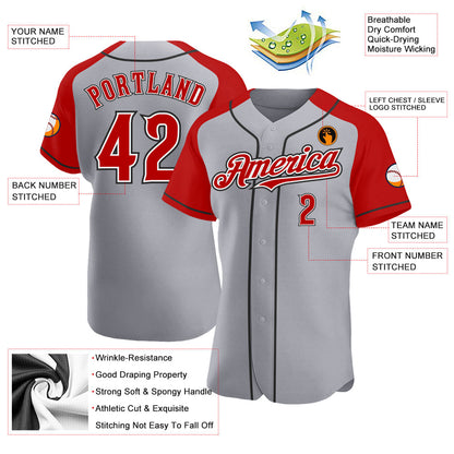 Custom Gray Red-Black Authentic Raglan Sleeves Baseball Jersey - Sky-Custom