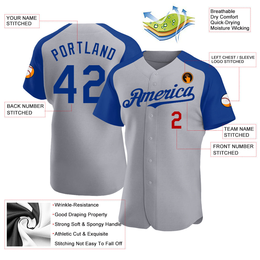 Custom Gray Royal-Red Authentic Raglan Sleeves Baseball Jersey - Sky-Custom