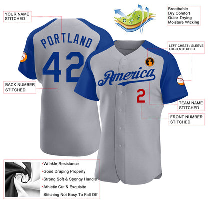 Custom Gray Royal-Red Authentic Raglan Sleeves Baseball Jersey - Sky-Custom