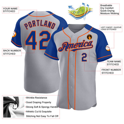 Custom Gray Royal-Orange Authentic Raglan Sleeves Baseball Jersey - Sky-Custom