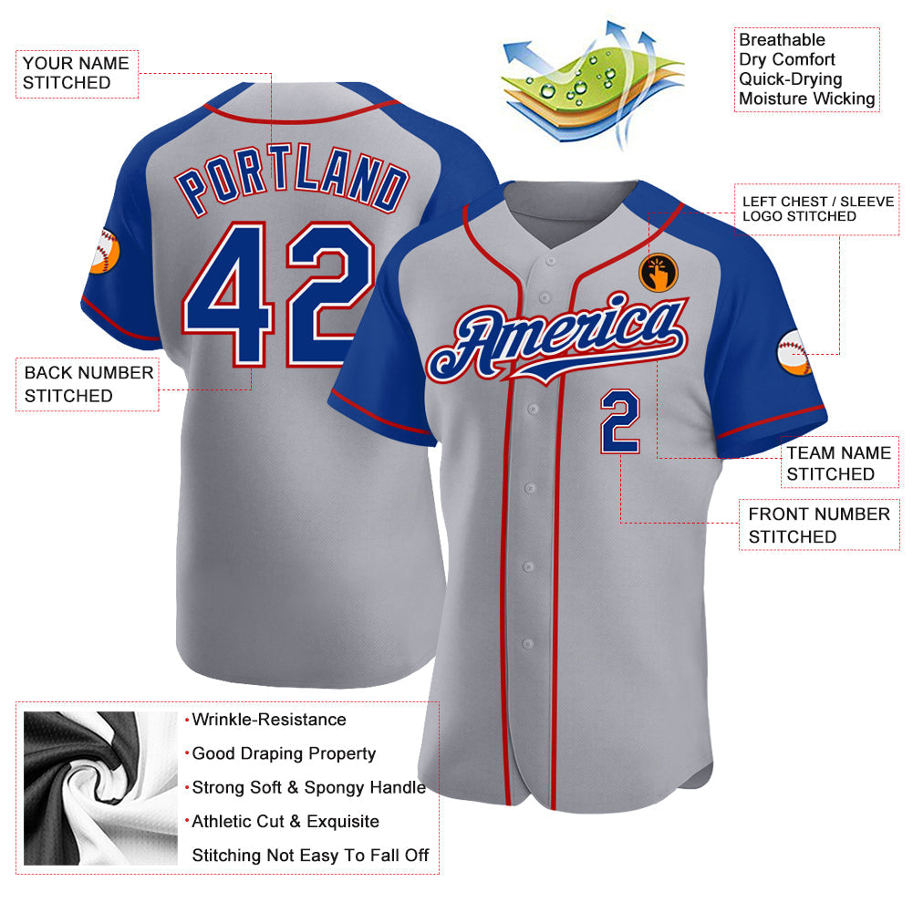 Custom Gray Royal-Red Authentic Raglan Sleeves Baseball Jersey - Sky-Custom