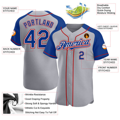 Custom Gray Royal-Red Authentic Raglan Sleeves Baseball Jersey - Sky-Custom