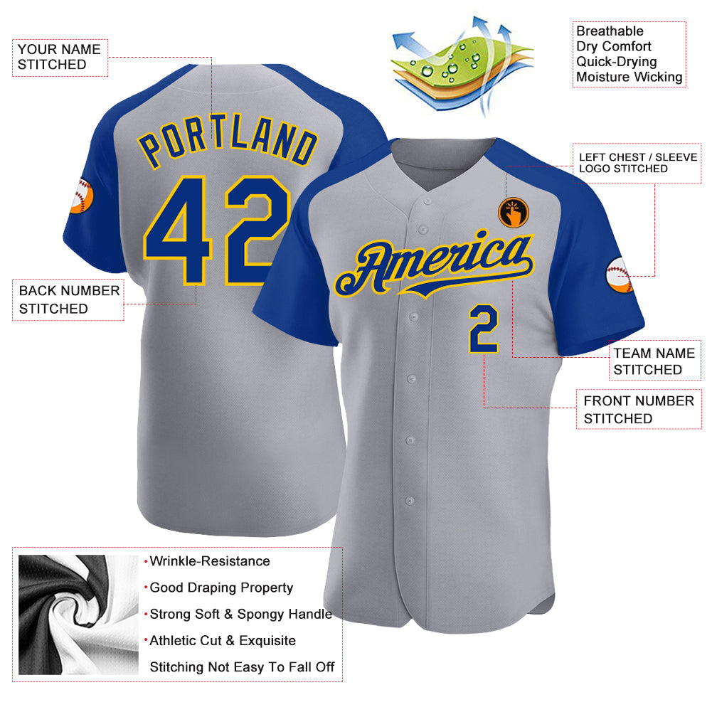 Custom Gray Royal-Yellow Authentic Raglan Sleeves Baseball Jersey - Sky-Custom