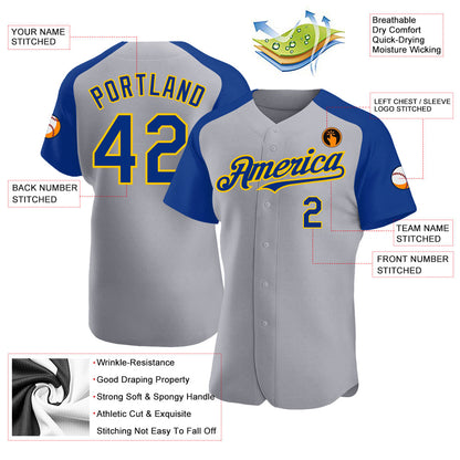 Custom Gray Royal-Yellow Authentic Raglan Sleeves Baseball Jersey - Sky-Custom