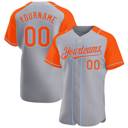 Custom Gray Orange-Light Blue Authentic Raglan Sleeves Baseball Jersey - Sky-Custom