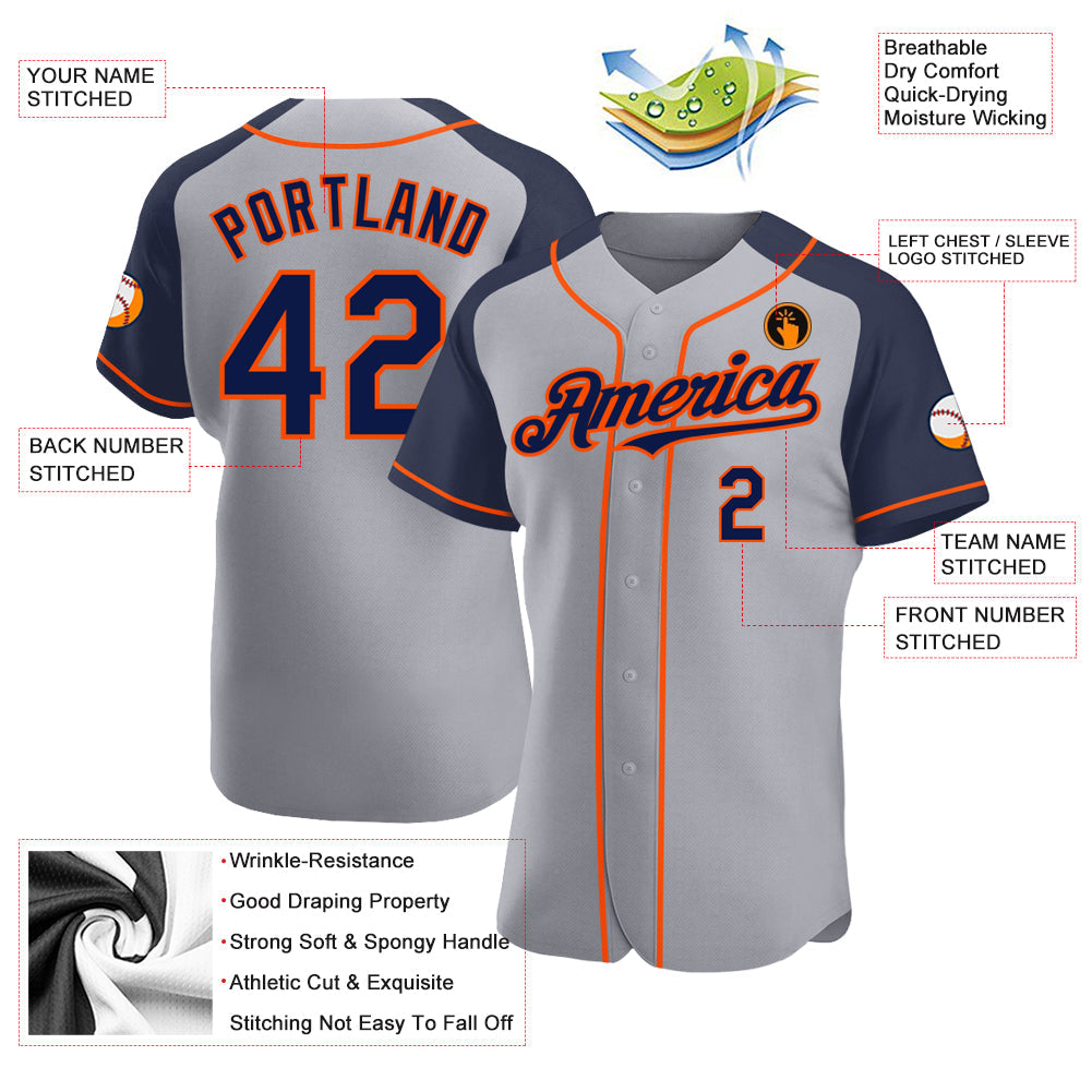 Custom Gray Navy-Orange Authentic Raglan Sleeves Baseball Jersey - Sky-Custom