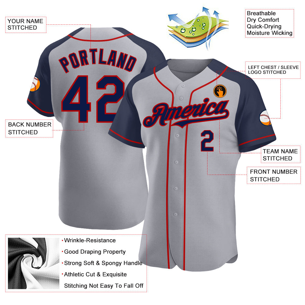 Custom Gray Navy-Red Authentic Raglan Sleeves Baseball Jersey - Sky-Custom