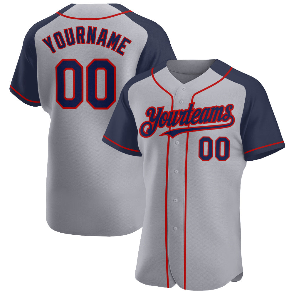 Custom Gray Navy-Red Authentic Raglan Sleeves Baseball Jersey - Sky-Custom
