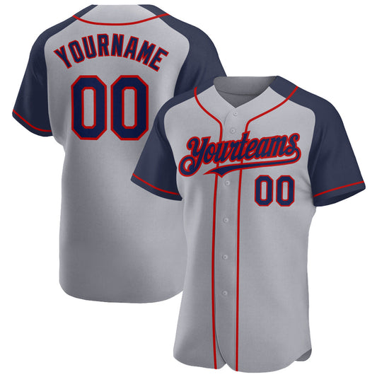 Custom Gray Navy-Red Authentic Raglan Sleeves Baseball Jersey - Sky-Custom