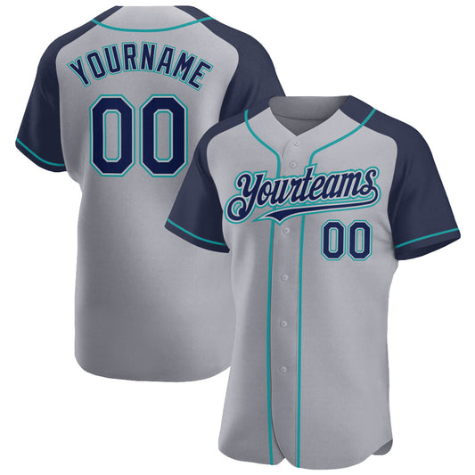 Custom Gray Navy-Teal Authentic Raglan Sleeves Baseball Jersey - Sky-Custom