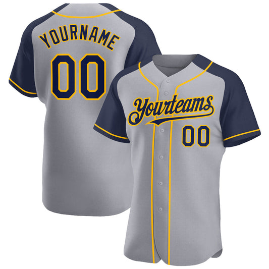 Custom Gray Navy-Gold Authentic Raglan Sleeves Baseball Jersey - Sky-Custom