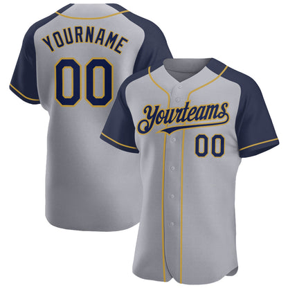 Custom Gray Navy-Old Gold Authentic Raglan Sleeves Baseball Jersey - Sky-Custom