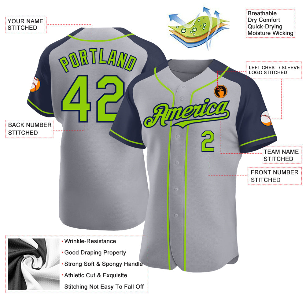 Custom Gray Neon Green-Navy Authentic Raglan Sleeves Baseball Jersey - Sky-Custom