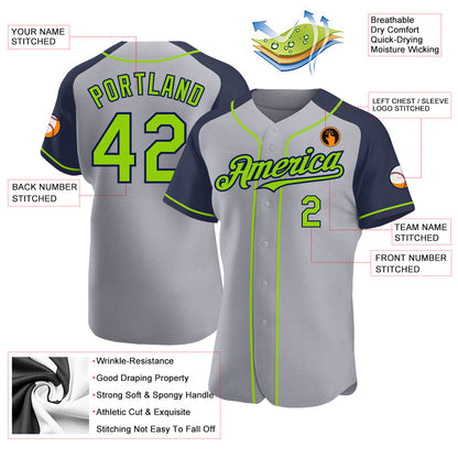 Custom Gray Neon Green-Navy Authentic Raglan Sleeves Baseball Jersey - Sky-Custom