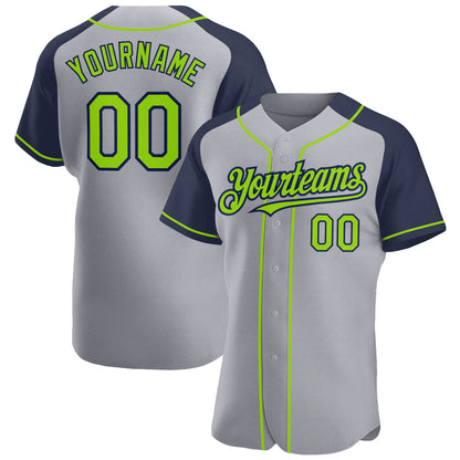 Custom Gray Neon Green-Navy Authentic Raglan Sleeves Baseball Jersey - Sky-Custom
