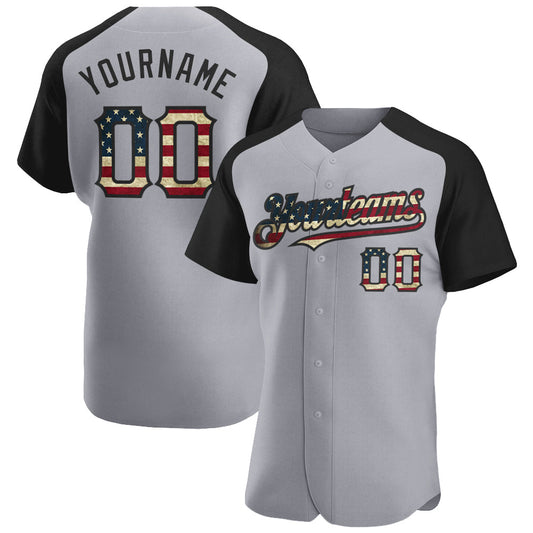 Custom Gray Vintage USA Flag-Black Authentic Raglan Sleeves Baseball Jersey - Sky-Custom