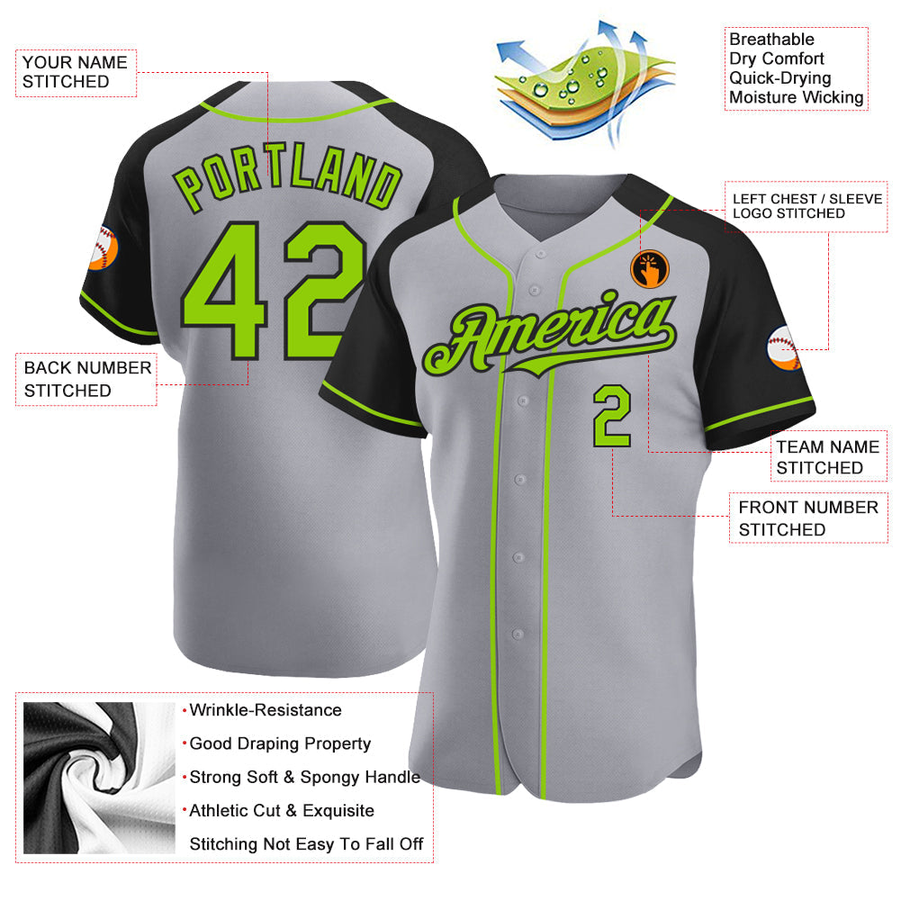 Custom Gray Neon Green-Black Authentic Raglan Sleeves Baseball Jersey - Sky-Custom