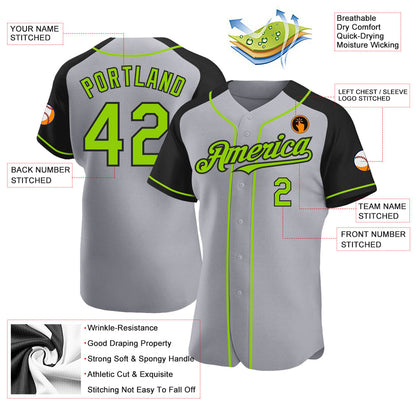 Custom Gray Neon Green-Black Authentic Raglan Sleeves Baseball Jersey - Sky-Custom