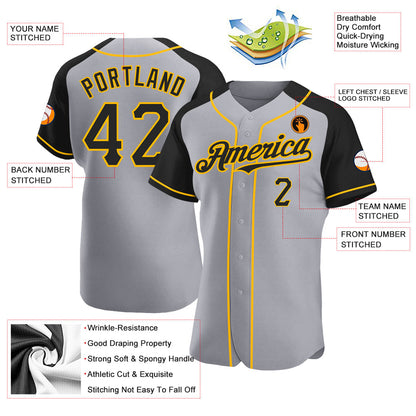 Custom Gray Black-Gold Authentic Raglan Sleeves Baseball Jersey - Sky-Custom